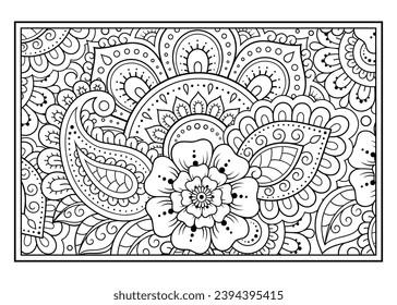 Outline floral pattern in mehndi style for coloring book page. Antistress for adults and children. Doodle ornament in black and white. Hand draw vector illustration.