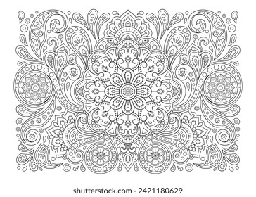 Outline floral pattern in mehndi style for coloring book page. Antistress for adults and children. Doodle ornament in black and white. Hand draw vector illustration.