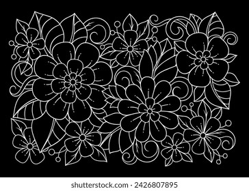 Outline floral pattern in mehndi style for coloring book page. Antistress for adults and children. Doodle ornament in black and white. Hand draw vector illustration.