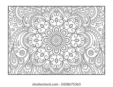 Patrón floral de contorno en estilo mendi para la página del libro de colorear. Antiestrés para adultos y niños. Adorno de garabato en blanco y negro. Dibujo a mano ilustración vectorial.