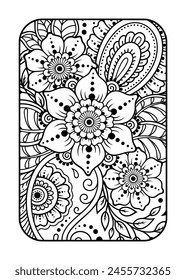 Outline floral pattern in mehndi style for coloring book page. Antistress for adults and children. Doodle ornament in black and white. Hand draw vector illustration.
