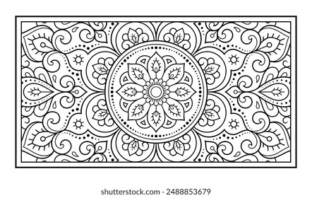 Patrón floral de contorno en estilo mendi para la página del libro de colorear. Antiestrés para adultos y niños. Adorno de garabato en blanco y negro. Ilustración vectorial de dibujo a mano.