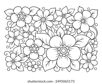 Outline floral pattern in mehndi style for coloring book page. Antistress for adults and children. Doodle ornament in black and white. Hand draw vector illustration.