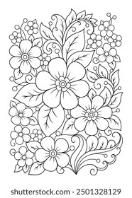 Outline floral pattern in mehndi style for coloring book page. Antistress for adults and children. Doodle ornament in black and white. Hand draw vector illustration.