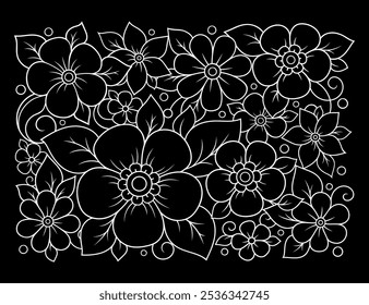 Outline floral pattern in mehndi style for coloring book page. Antistress for adults and children. Doodle ornament in black and white. Hand draw vector illustration.