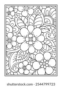 Contornar padrão floral em estilo mehndi para colorir a página do livro. Antistress para adultos e crianças. Doodle ornamento em preto e branco. Ilustração de vetor de desenho manual.