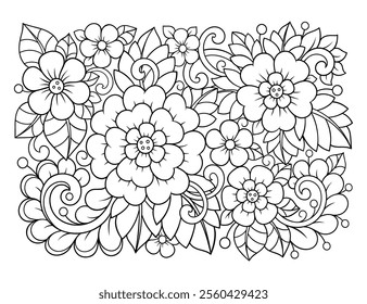 Outline floral pattern in mehndi style for coloring book page. Antistress for adults and children. Doodle ornament in black and white. Hand draw vector illustration.