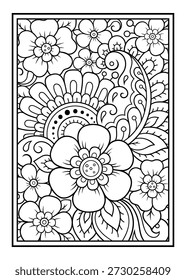 Contornar padrão floral em estilo mehndi para colorir a página do livro. Antistress para adultos e crianças. Doodle ornamento em preto e branco. Ilustração de vetor de desenho manual.