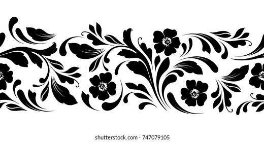 Outline floral seamless pattern. Endless ornamental border for ribbons, fabric, wrapping, wallpaper, tape. Decorative design element for background, gift and cover.