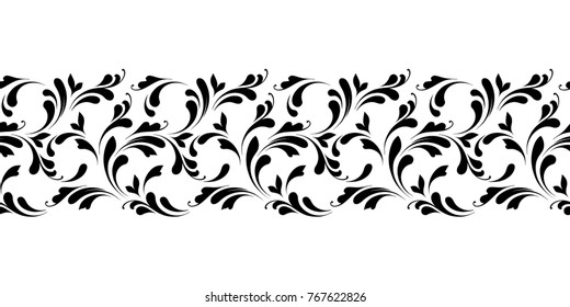 Outline floral seamless pattern. Endless ornamental border for ribbons, fabric, wrapping, wallpaper, tape. Decorative design element for background and cover.