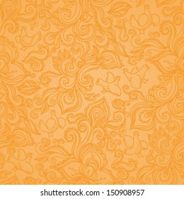 Outline floral seamless pattern with flowers, birds, leaves and swirls. Autumn concepts background. Bright floral texture.