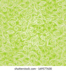 Outline floral seamless pattern with flowers, birds, leaves and swirls. Spring concepts background. Green texture. It can be used for wallpaper, pattern fills, web page background, surface textures.
