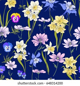 Outline floral seamless pattern with flowers in vintage style. Stock line vector illustration.