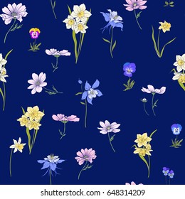 Outline floral seamless pattern with flowers in vintage style. Stock line vector illustration.