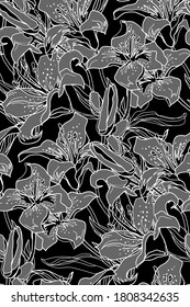 Outline floral seamless pattern with hand drawn ornate flowers and leaves of Lily. Blooming flowers in light mood of line sketch. Line art design for fashion fabric, bedding, wallpaper and prints.