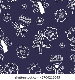 Outline Floral Seamless Pattern. Hand-Drawn Ornament with White Linear Flowers on Dark Blue Background. Template Textured Drawing doodle. Vector illustration. Not AI