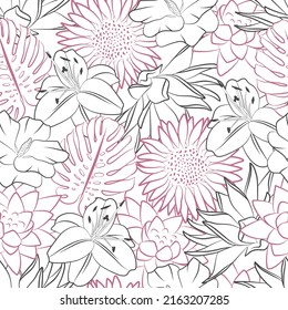 Outline floral seamless pattern. Line art fabric print template. Simple vector hand drawn flower set. Sunflower, monstera leaf, lily, lotus petals. Abstract doodle design.