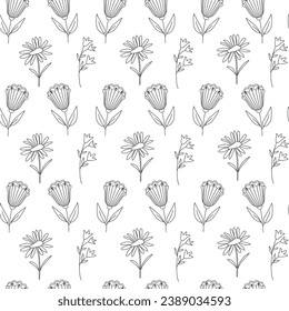 Contorno a un patrón sin soldadura floral. Flores botánicas con tallos de arte lineal. Jardín de verano y primavera. Doodles. Libro de colorear. Fondo, papel envolvente, papel digital.