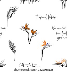 Outline floral seamless pattern with tropical strelitzia, black palm leaf. Tropical wallpaper collection. Hand drawn line on white background.