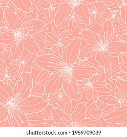 Outline floral vector seamless pattern. White flower contour on pink background. Hand drawn Rhododendron and Lily flower heads for textile, wrapping, greeting card, print, fashion design