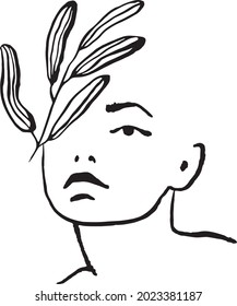Outline floral woman. Woman with flowers line art. Hand drawn illustration, floral woman  head