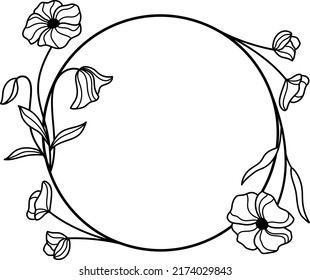 Outline florals round frame. Line art flowers wreath vector illustration