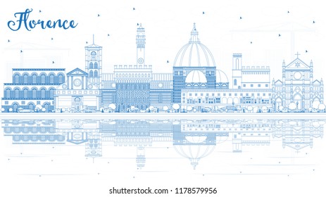 Outline Florence Italy City Skyline with Blue Buildings and Reflections. Vector Illustration. Business Travel and Tourism Concept with Modern Architecture. Florence Cityscape with Landmarks.