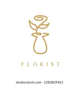 Outline florist logo. One continuous line art decorative rose draw. Editable stroke flower floral element. Isolated vector illustration