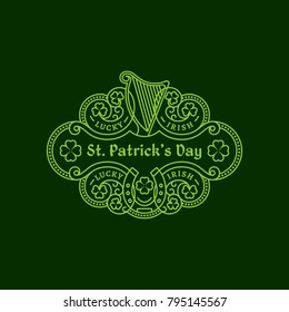 Outline flourish badge with harp, horseshoe, shamrock leaves. Vector illustration.