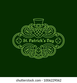 Outline flourish badge with a hop in a hat, a horseshoe, shamrock leaves. Vector illustration.