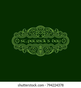 Outline flourish badge with horseshoe and shamrock leaves. Vector illustration.