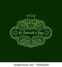 Outline flourish badge with leprechaun, horseshoe, shamrock leaves. Vector illustration.