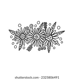 Outline Flower Asters Border for text in vector doodle style. Floral Botanical bouquet frame with leaves. Greeting card, wedding banner, invitation design