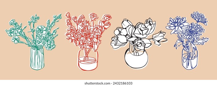 Outline flower bouquet in a glass vase or jar. Hand drawn Vector illustration. Paper cut, sticker, elegant one line style. Isolated floral design elements. Poster, print, card, decoration templates