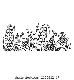 Outline Flower Delphinium Border for text in vector doodle style. Floral Botanical bouquet frame with leaves. Greeting card, wedding banner, invitation design