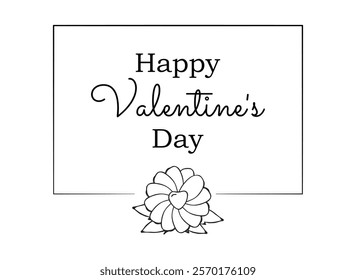 Outline Flower in Frame. Holiday Card text Happy Valentine Day. Contour bud with heart. Hand drawn wildflower, daisy. Horizontal greeting card, floral element, border. Monochrome. Vector illustration