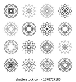 Outline flower icons. Abstract decorative circle design elements set. Vector art.