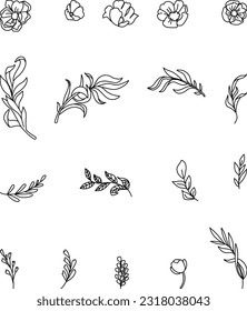 Outline flower and leaves vector set isolated on white background.