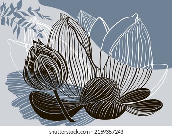 Flor de contorno. Lily con estilo vectorial en un fondo abstracto minimalista.