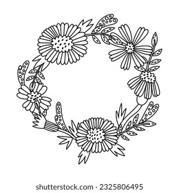 Esquema Flor Marco de círculo de Marigold en estilo de doodle vectorial. Flamante armazón botánico con hojas. Tarjeta de saludo, banner de boda, diseño de invitación