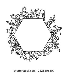 Outline Flower Marigold frame for text vector in doodle style. Floral Botanical bouquet frame with leaves. Greeting card, wedding banner, invitation design