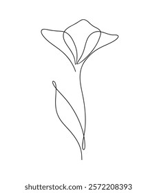 The outline of a flower on a stem with a leaf, drawn in one continuous line, isolated on a white background, vector. Decorative blooming Abstract Botanical Element for Holiday, greeting cards