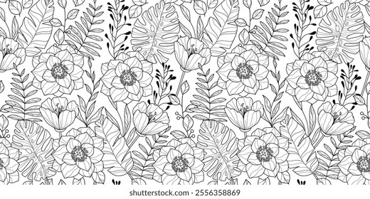 Outline Flower Seamless Pattern with Beautiful Hand Drawn Botanicals. Elegant cute plants. Nature delicate floral elements. Repeatable feminine design perfect for print, textile, fashion, beauty