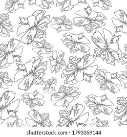 Outline flower seamless pattern, black line art on a white background, vector hand draw illustration for design and creativity