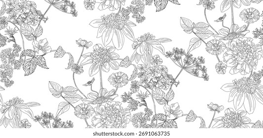 Outline Flower seamless pattern for fabric, wrapping paper and prints	