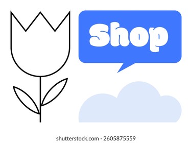 Outline of a flower with stem and leaves, a blue speech bubble with the word Shop in bold white text, and a light blue cloud. Ideal for e-commerce, gardening, retail, nature-themed designs