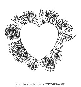 Outline Flower Sunflower frame for text vector in doodle style. Floral Botanical bouquet frame with leaves. Greeting card, wedding banner, invitation design