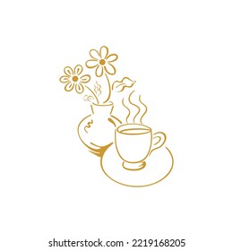 Outline Flower top with coffee cup vector icon design
