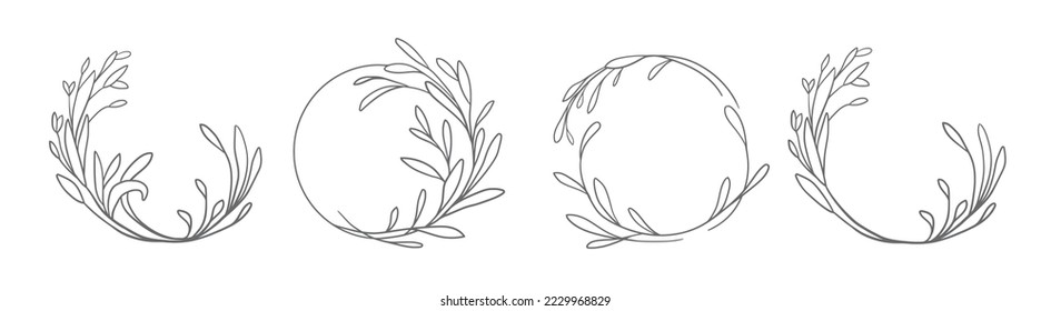 Outline flower wreath set. Vector floral frame in doodle style. Wedding monogram flourish frame isolated on white background. Outline border with wild flowers, meadow herbs and branches.