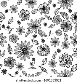 Outline flowers black over white seamless pattern cartoon